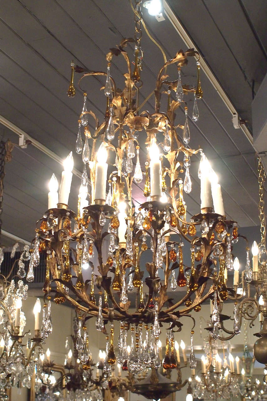 Antique French crystal and gilt iron 10-light chandelier w/amber crystals. 4