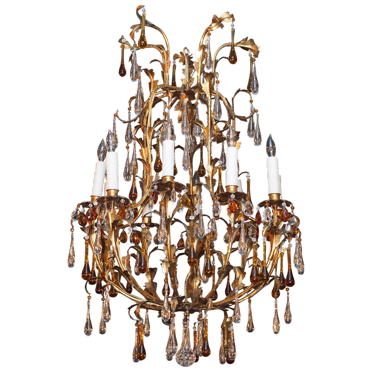 Antique French crystal and gilt iron 10-light chandelier w/amber crystals.