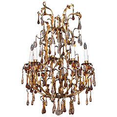 Antique French crystal and gilt iron 10-light chandelier w/amber crystals.