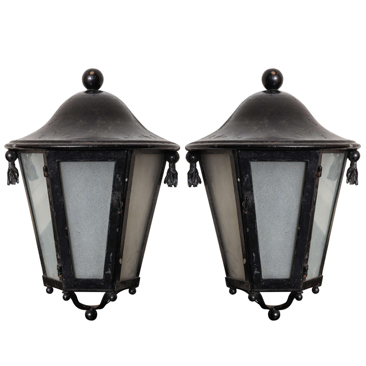 A Pair of French Wrought Iron Lanterns For Sale