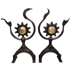 Whimsical Pair of Oversized "Sun Flare" Andirons