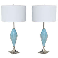 Pair Sea Blue Murano Glass Lamps