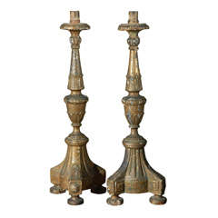 Pair Of Old Carved Wood Altarstick With Gilt