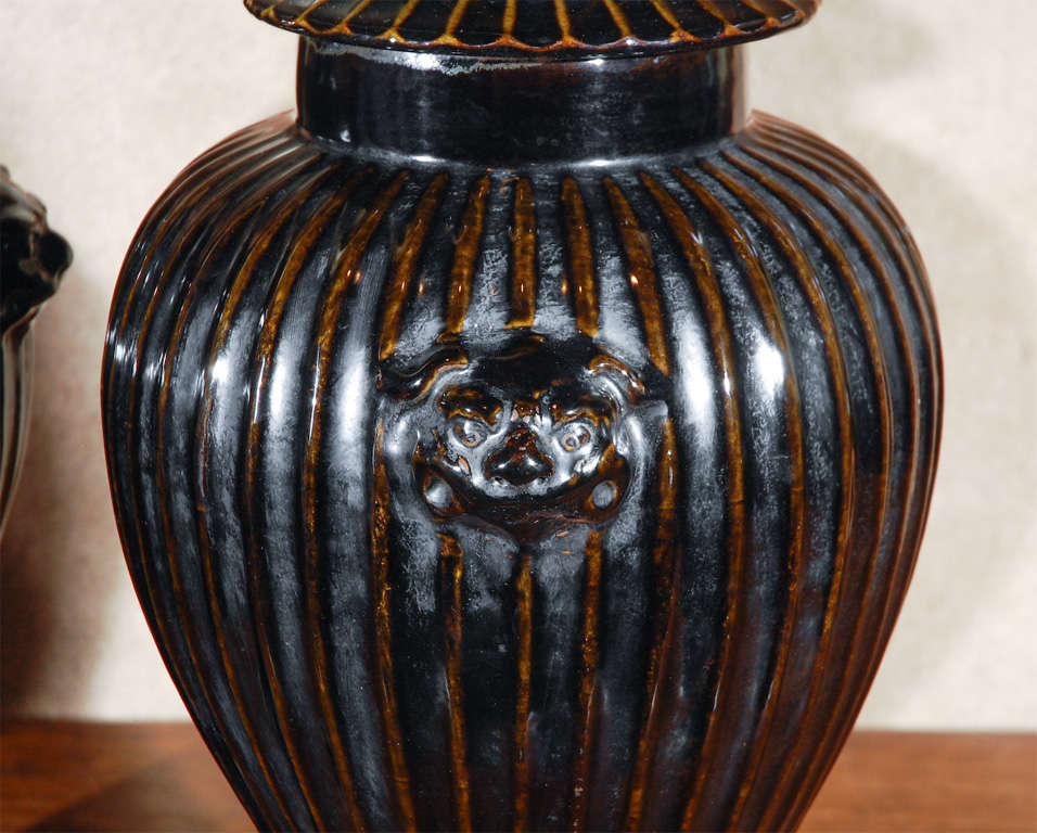 Ceramic Pair of Chinese, Ribbed Vases For Sale
