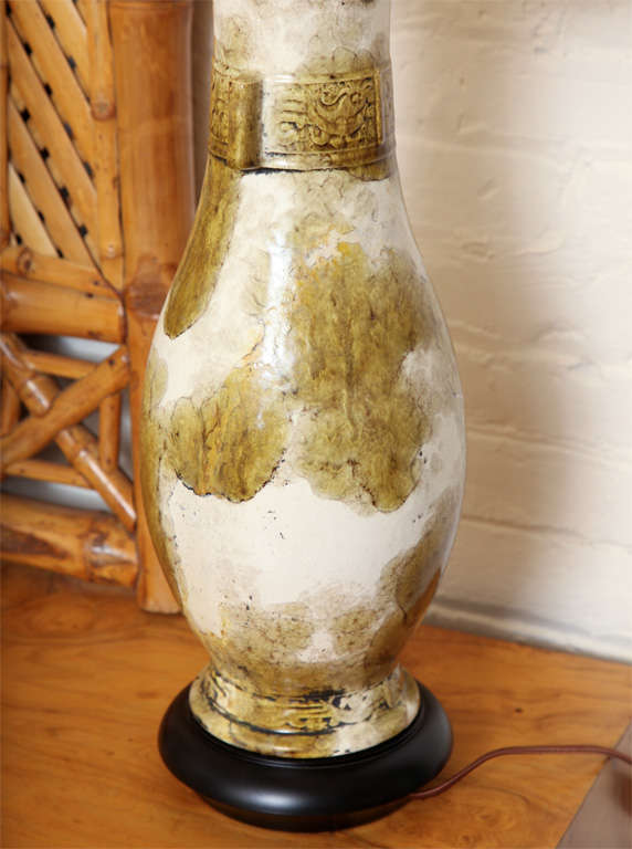 Pair of Glazed Ceramic Urn Lamps on a wooden base,
Shade: 16"H x 15"W