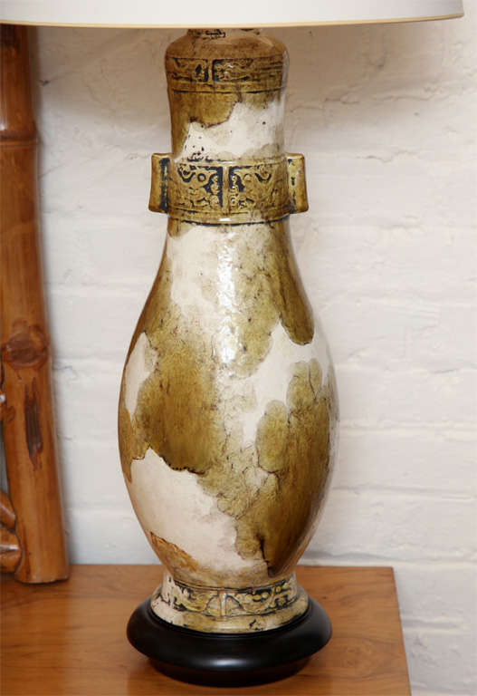 American Pair of Glazed Ceramic Urn Lamps, c. 1950 For Sale