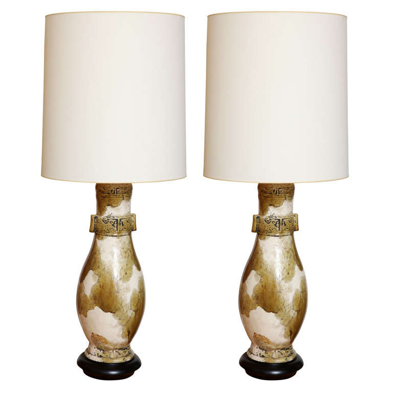 Pair of Glazed Ceramic Urn Lamps, c. 1950 For Sale