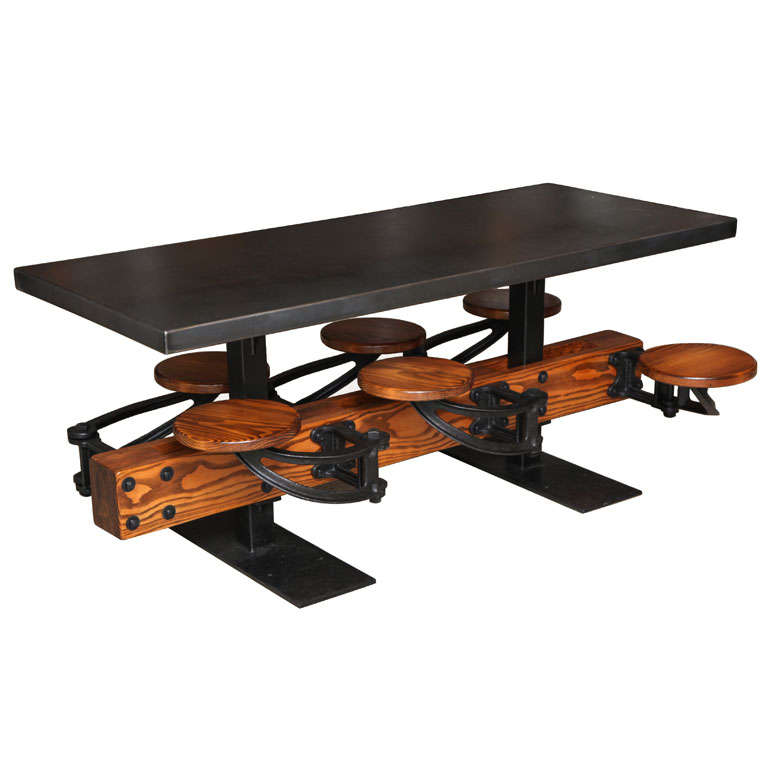 Dining Table Set - Vintage Industrial Cast Iron, Wood, Steel Swing Out Seat  For Sale