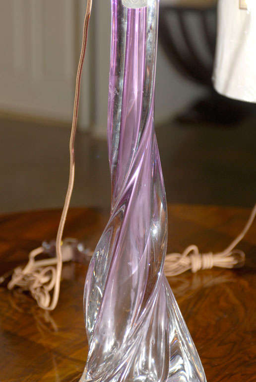 Belgian Val St. Lambert Handblown Pink and Purple Glass Twisted Table Lamp with Shade