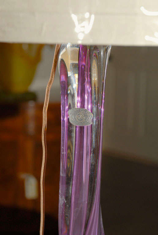 20th Century Val St. Lambert Handblown Pink and Purple Glass Twisted Table Lamp with Shade