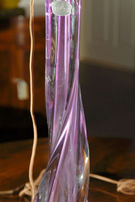 Linen Val St. Lambert Handblown Pink and Purple Glass Twisted Table Lamp with Shade