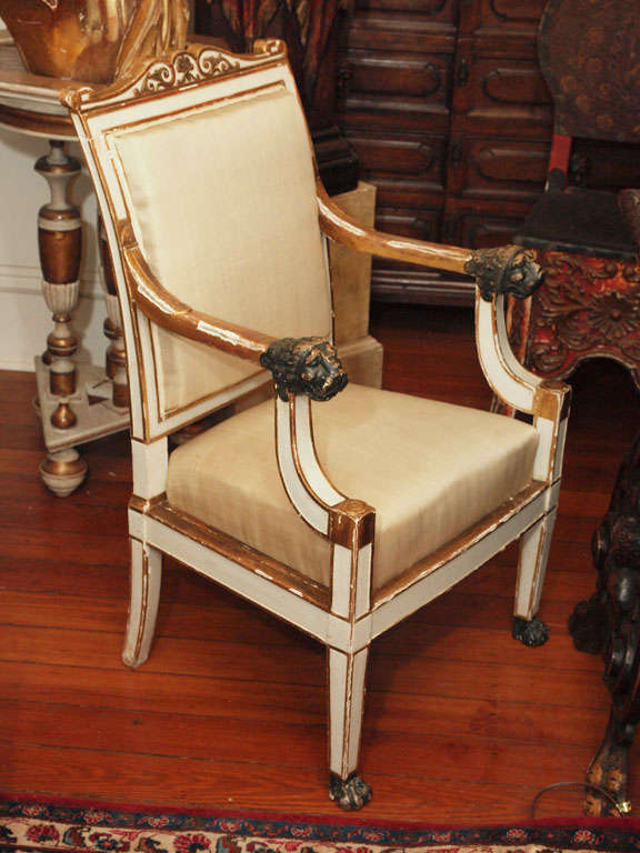 Pair of paint and parcel gilt with ebonized wood carvings Signed Jacob armchairs