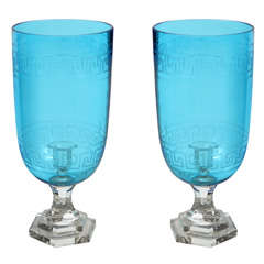 Pair Of Acqua Blue Glass Candlesticks With Double Etchings