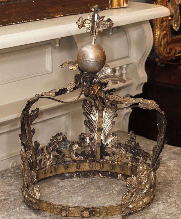 Silver tole french bed corona with intricate leaf motif and silver ball and cross
