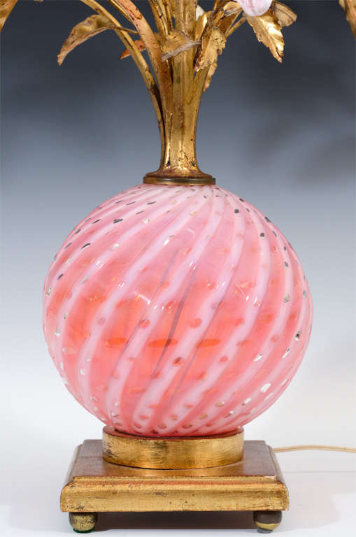 20th Century Mid Century Italian Tole and Murano Glass Floral Motif Lamps