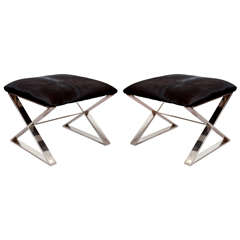 Pair of Mid Century Chrome and Hide Stools by Maison Jansen