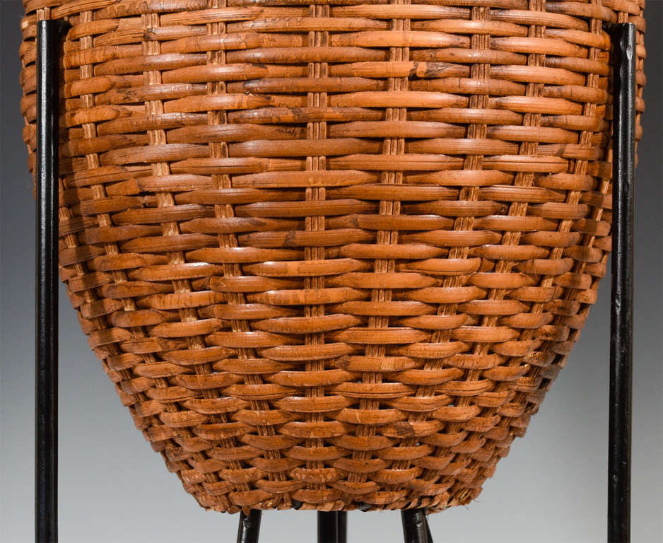 20th Century Mid Century Tripod Table Lamps with Rattan Shades