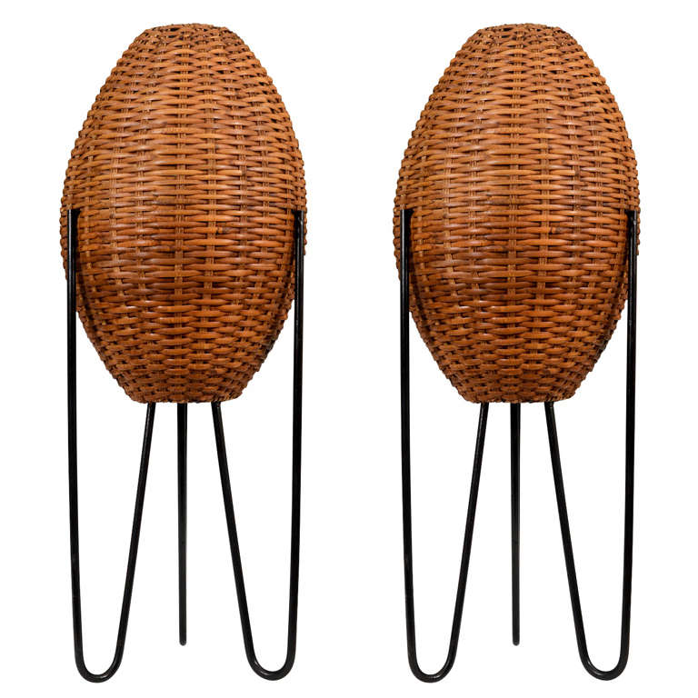 Mid Century Tripod Table Lamps with Rattan Shades