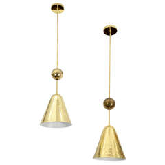 Pair of Mid Century Brass Pendant Lights w/ Perforated Shades