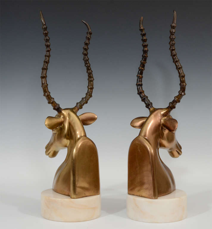 Pair of Mid Century Italian Bronze and Marble Ibex Bookends 2