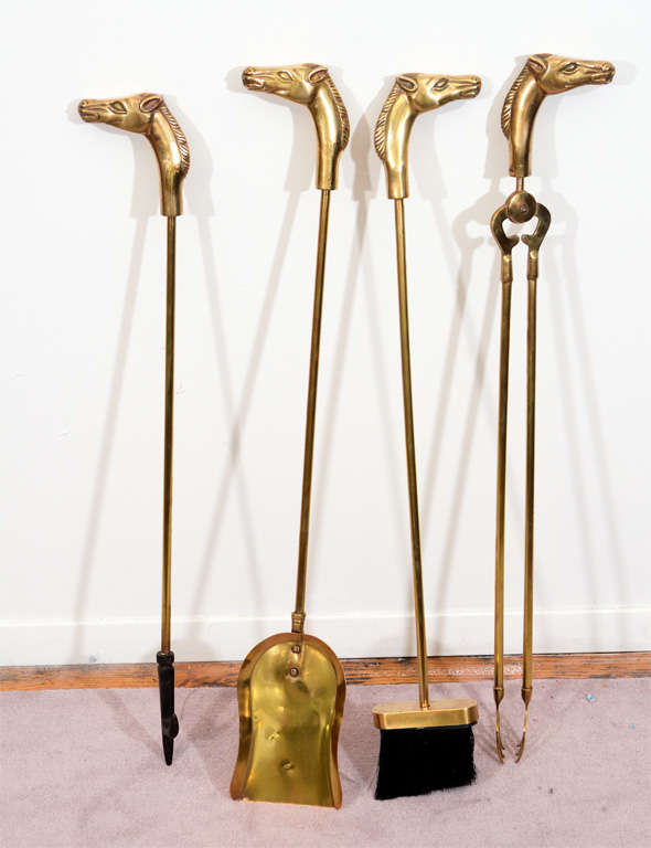 Mid Century 5Pice Brass Fire Tool Set w/ Equestrian Motif at 1stDibs