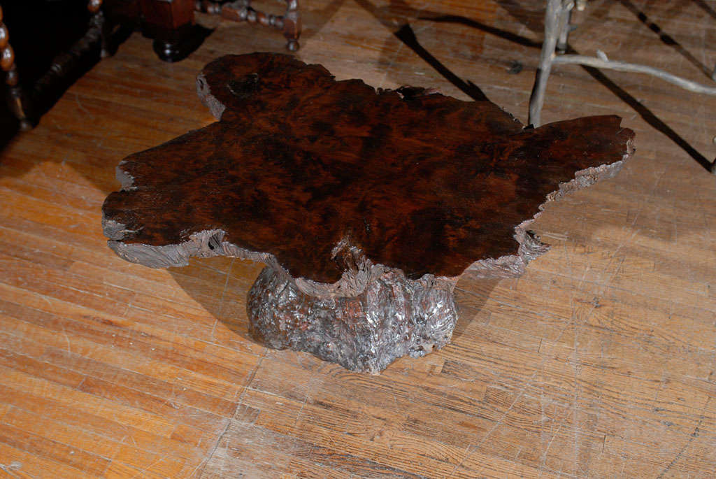 An American cypress wood coffee table from the early to mid-20th century. This vintage cypress coffee table of small size features a tree shape. Very nice patina.