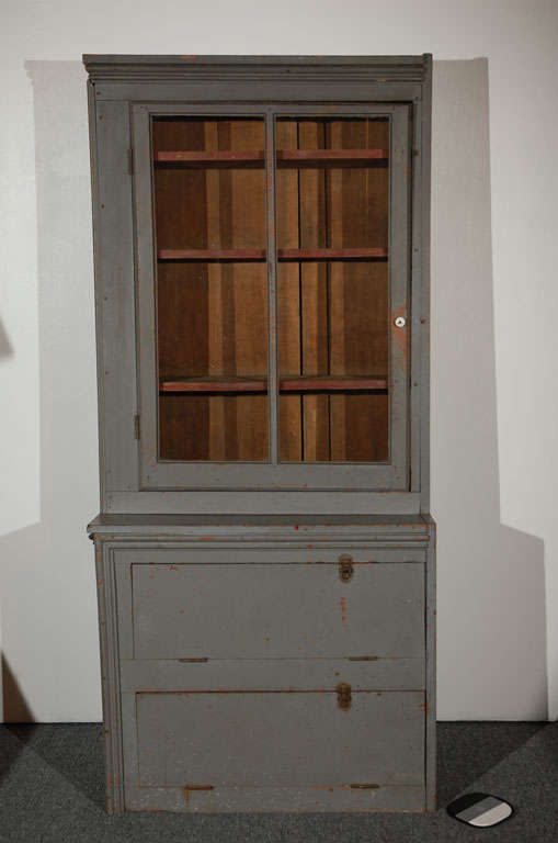 American 19THC RARE ORIGINAL GREY PAINTED STORE DISPLAY CABINET FROM PA.