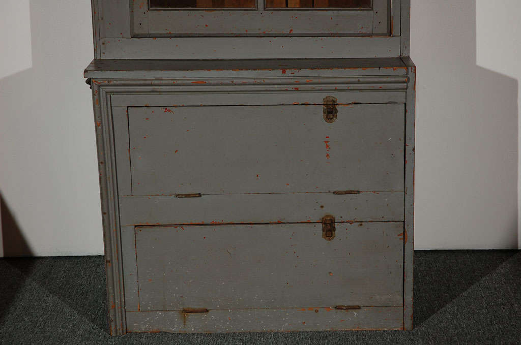 Pine 19THC RARE ORIGINAL GREY PAINTED STORE DISPLAY CABINET FROM PA.