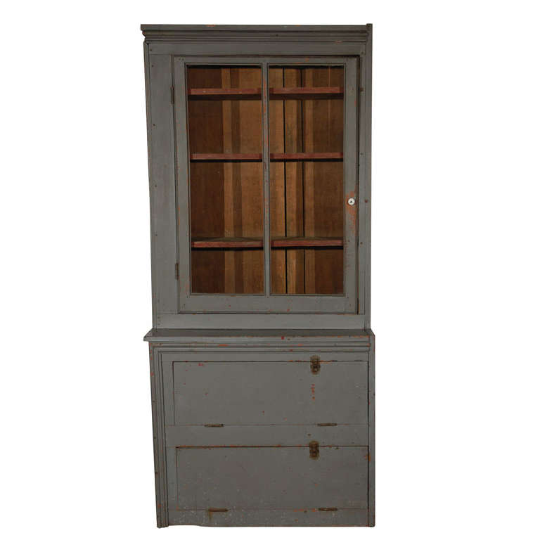 19THC RARE ORIGINAL GREY PAINTED STORE DISPLAY CABINET FROM PA.
