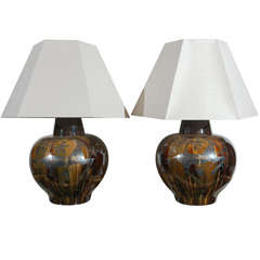 Pair of Large Glazed Ceramic Lamps with Hand Painted Detail