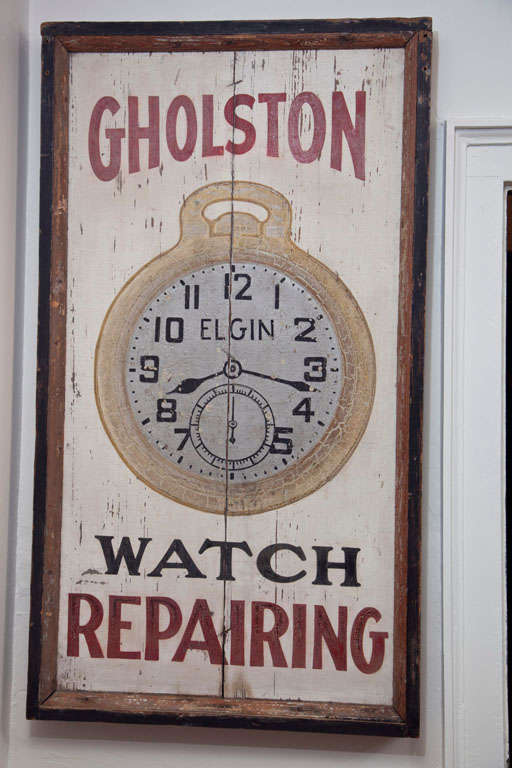 A Large Painted Pine Watch Trade Sign
Double Sided in 1st painted surface with very fine graphics featuring an Elgin pocketwatch. Currently hung to display one side, can be hung to show both sides which are in equaly fine condition.