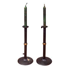 Antique Pair of Tall "Hogscraper" Sheet Iron Candlesticks