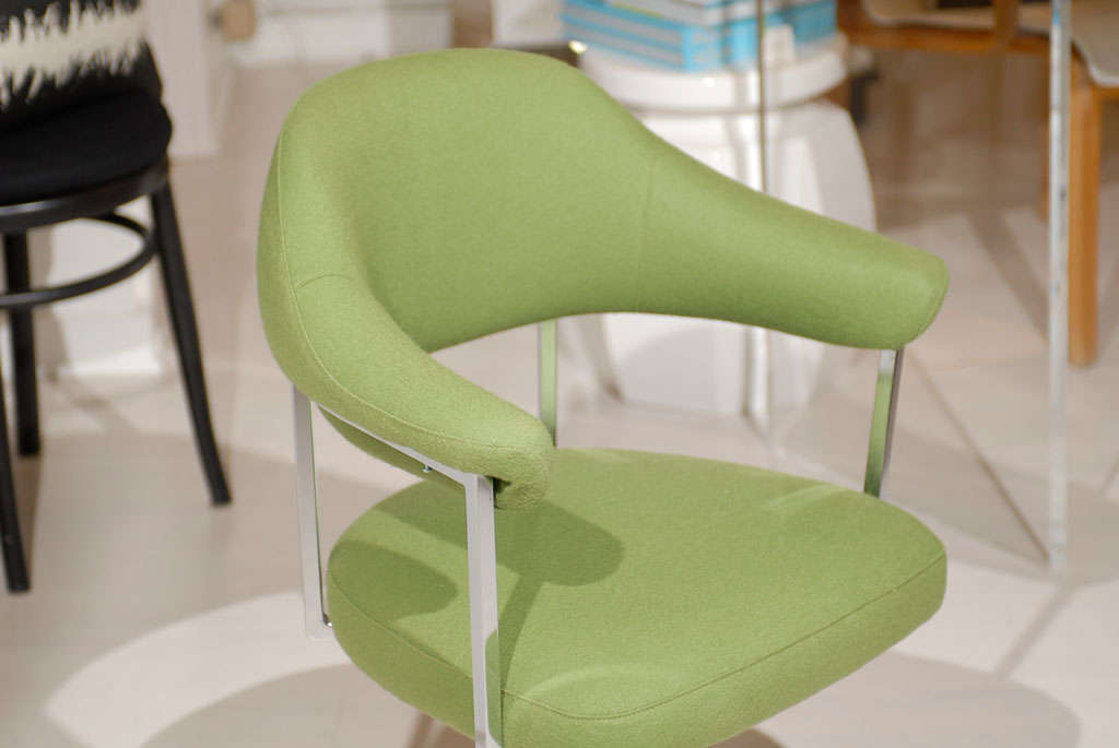 * vintage
* originally swivel chairs
* round back with chrome base
* stationary base
* original chrome chair frame
* newly reupholstered in green wool felt fabric
* fabric is soft wool, very durable
* great for a vanity or desk chair!