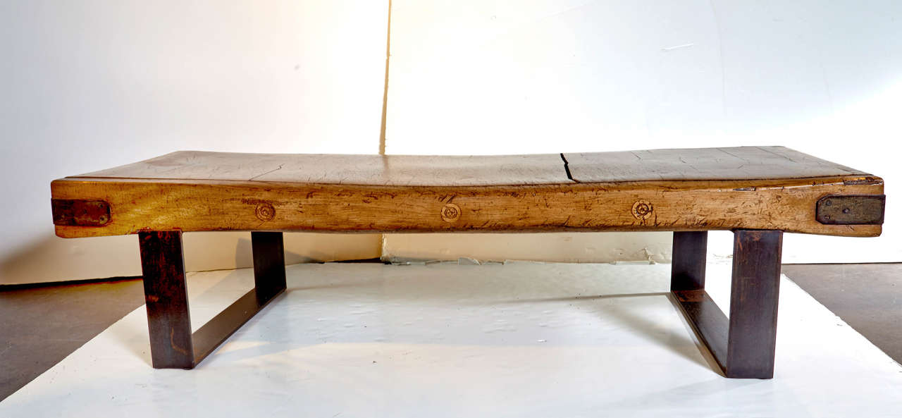 C.1890 English Elm Chopping Block as Coffee Table on Metal Mount
