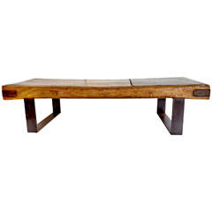 Antique C.1890 English Elm Chopping Block as Coffee Table on Metal Mount