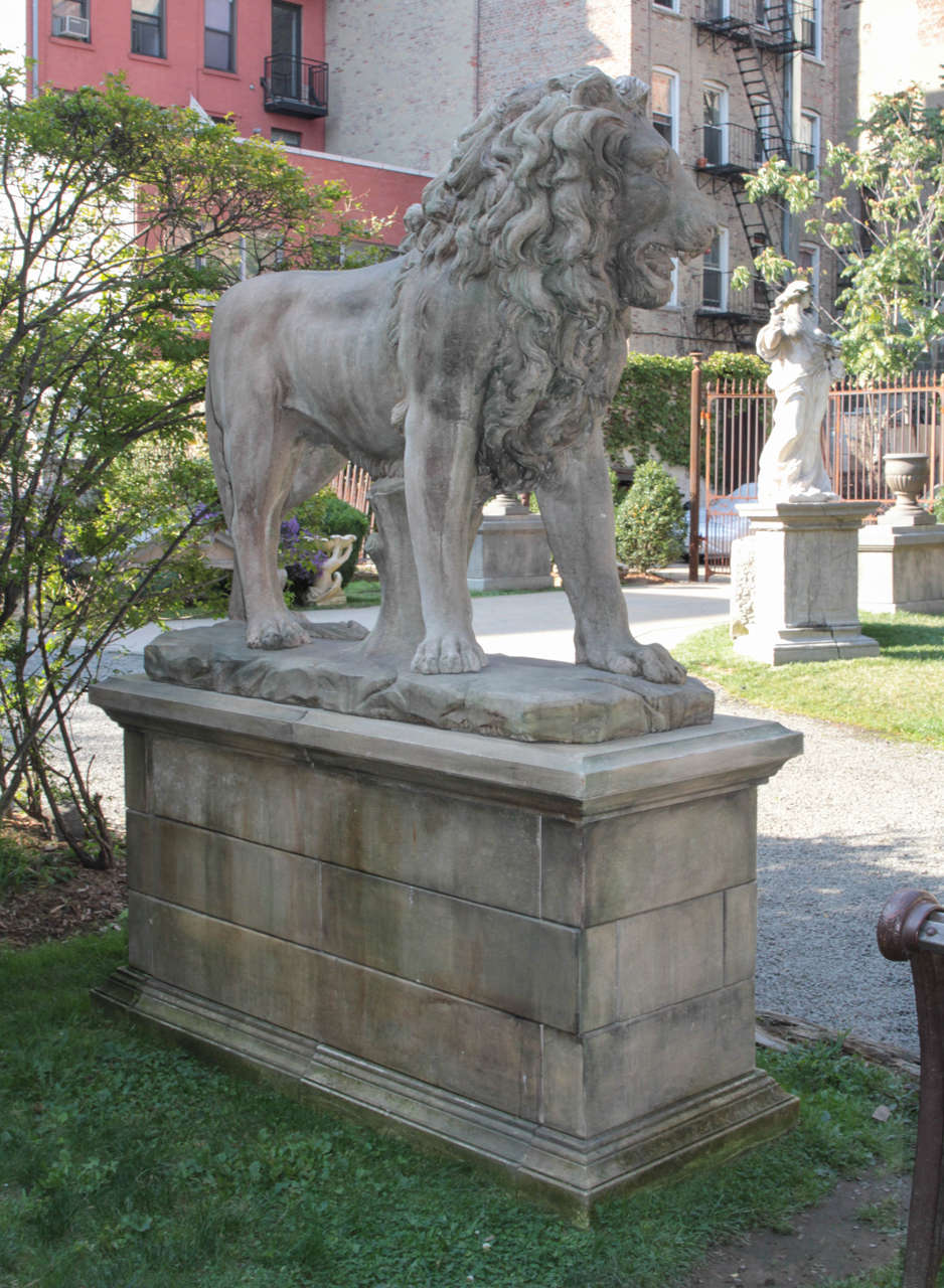 Italian Massive Standing Entry Lions on Pedestals in Hand-Carved Limestone For Sale