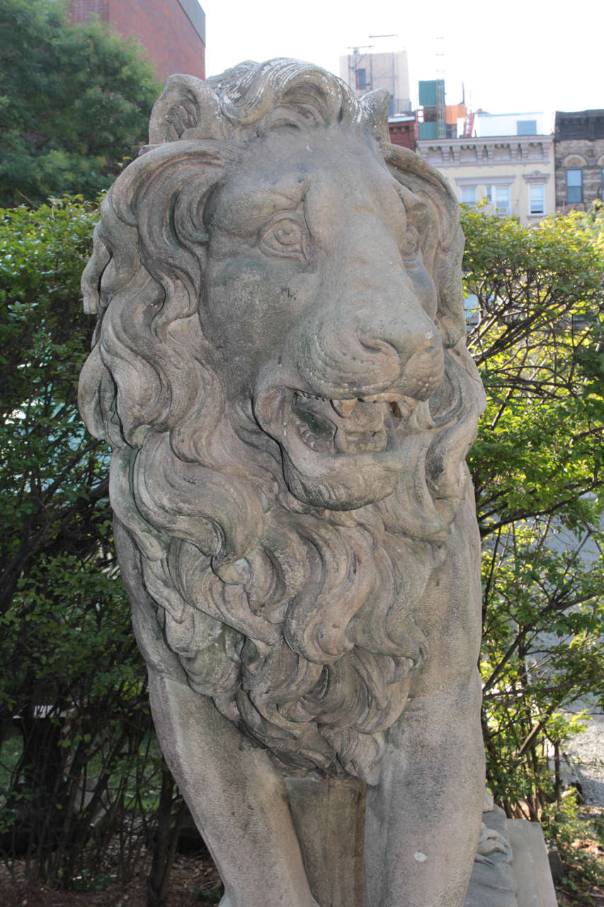 Massive Standing Entry Lions on Pedestals in Hand-Carved Limestone In Good Condition For Sale In New York, NY