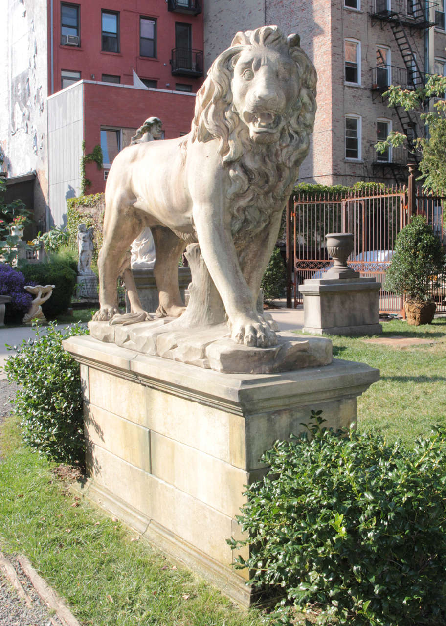 Massive Standing Entry Lions on Pedestals in Hand-Carved Limestone For Sale 2