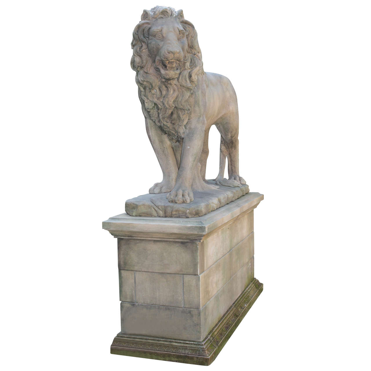 Massive Standing Entry Lions on Pedestals in Hand-Carved Limestone For Sale