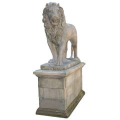 Massive Standing Entry Lions on Pedestals in Hand-Carved Limestone