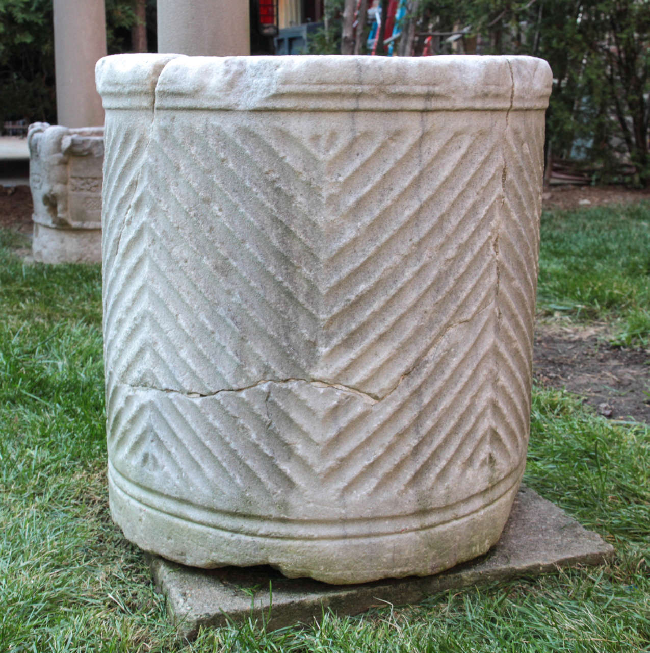 Rare Roman marble vessel with unique carved pattern. Early and unique copped staples as repairs. Extremely stabile.