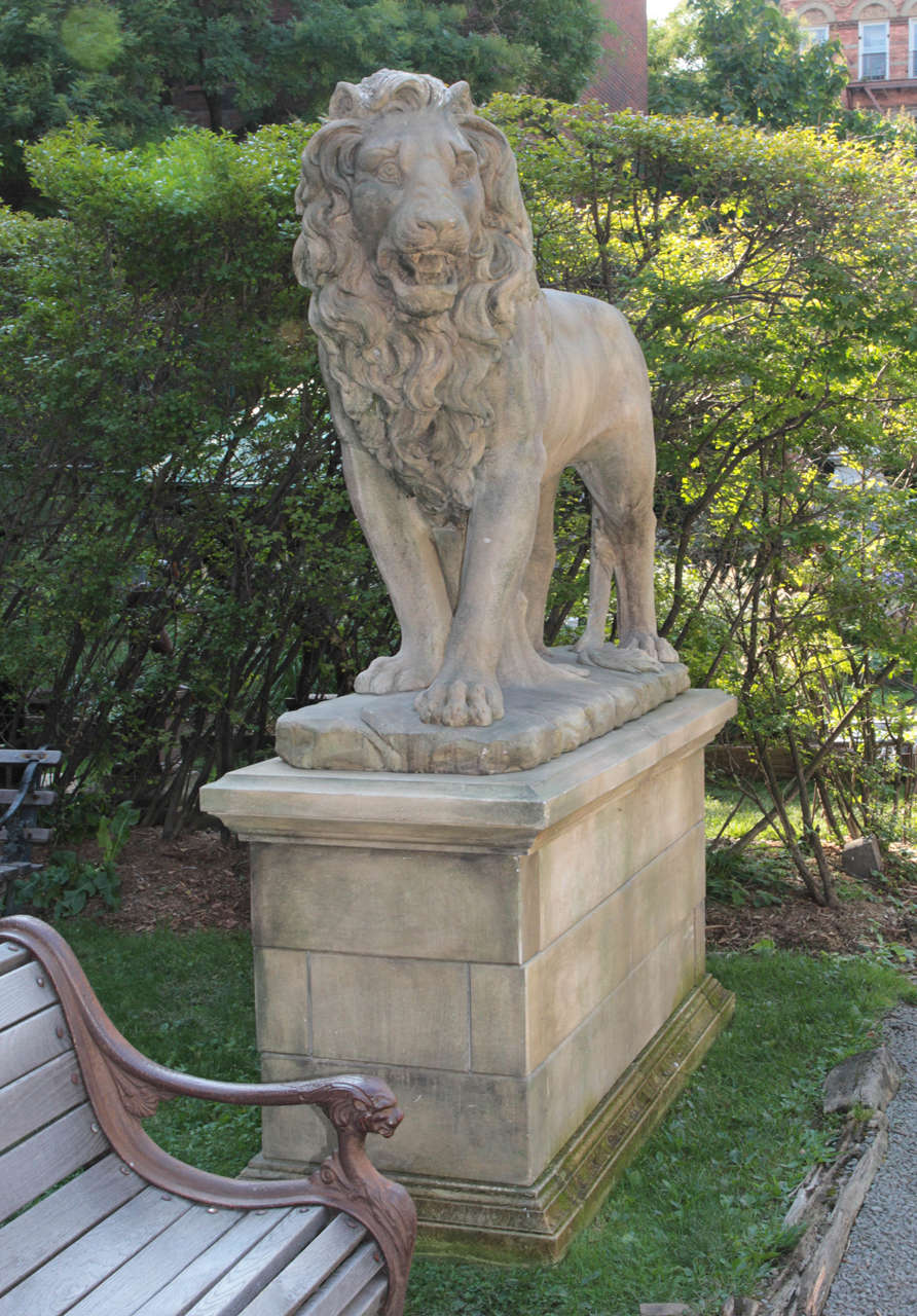 Massive Standing Entry Lions on Pedestals in HandCarved Limestone For Sale at 1stDibs