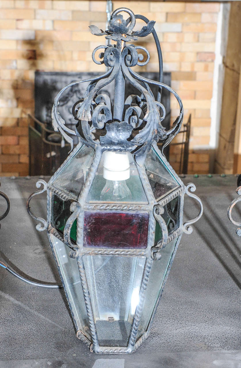 19th Century Near Set of Six French Early 20th Century Cast Iron Electrified Lanterns