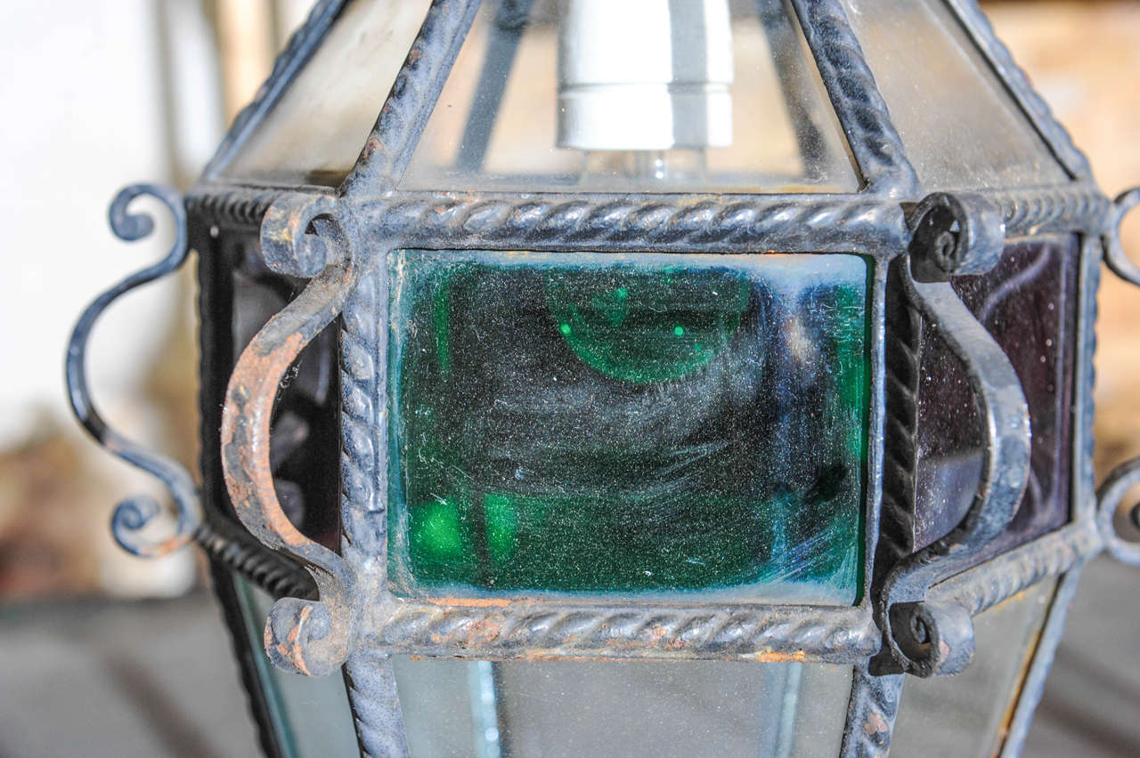 Glass Near Set of Six French Early 20th Century Cast Iron Electrified Lanterns