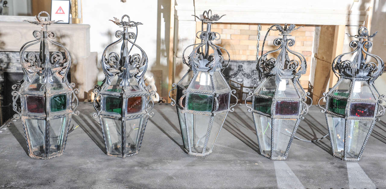 Near Set of Six French Early 20th Century Cast Iron Electrified Lanterns 1
