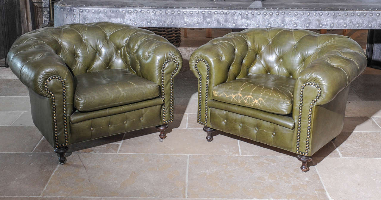 Pair of Mid-20th Century Green Leather Upholstered Chesterfield Club Chairs