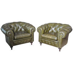 Pair of Mid-20th Century Green Leather Upholstered Chesterfield Club Chairs