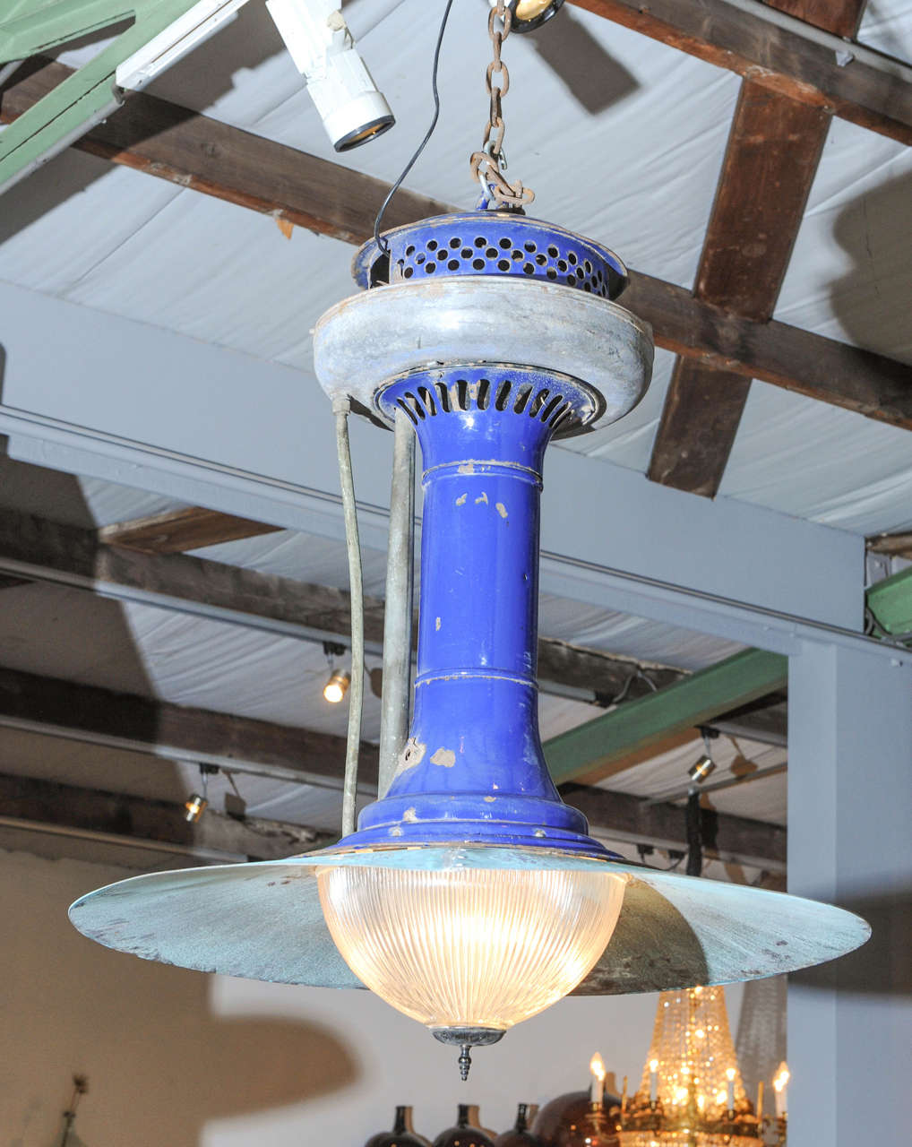 Large French Maritime Industrial Blue Enameled Iron and Copper Hanging Lantern