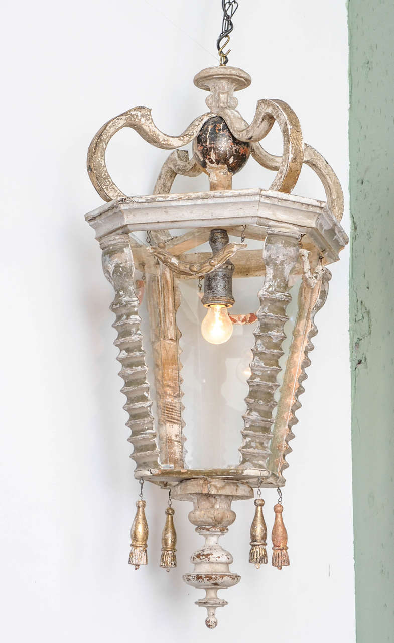 A large and decorative 20th century French parcel-gilt and polychrome painted electrified lantern made of 18th and 19th century elements.