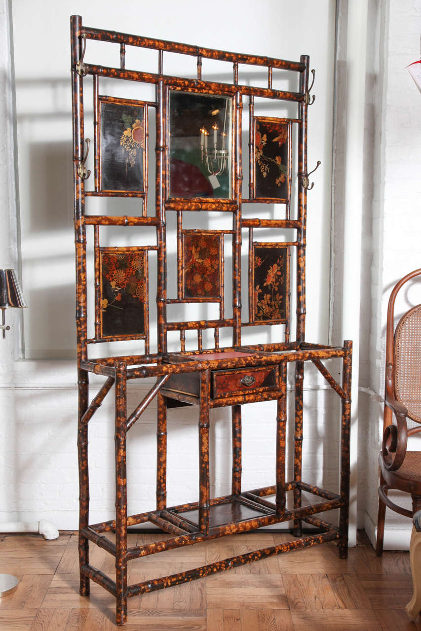 A Bamboo Hall Tree with Chinoiserie Panels and Inset Leather Top and Drawer, England 19th Century
